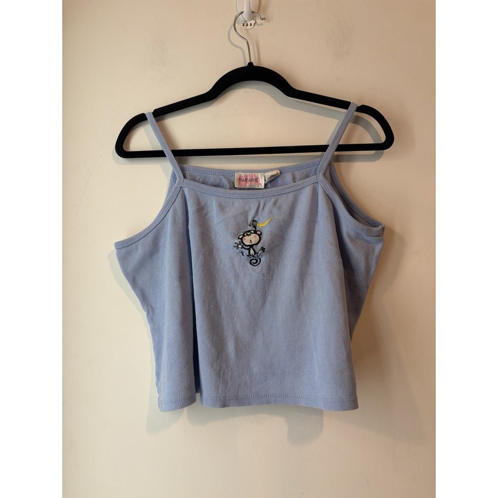 Y2K‎ Marianne Blue Monkey Embroidered Cami Tank Top Womens Large Cotton